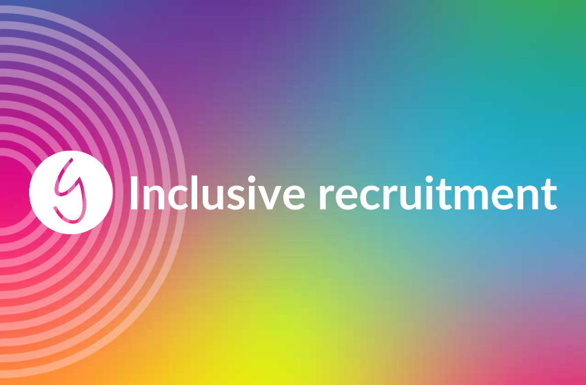 Blended rainbow image with the words Inclusive recruitment overlaid in white
