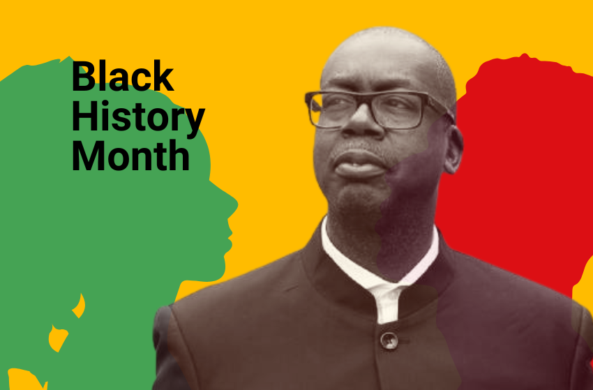 GatenbySanderson thumbnail of Patrick Vernon OBE on Yellow Background with Red and Green silhouettes with the words Black History Month in black.