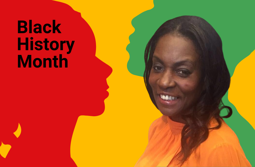 Geraldine Parker-Smith NHSBT photo on colourful background with workds Black History Month next to her image